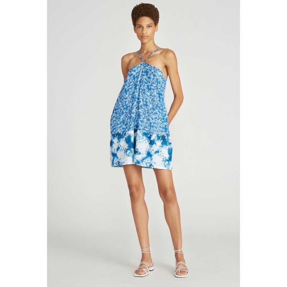 NWT AMUR Aminah Blue Tie Dye Abstract Cotton Halter Mini Dress Pockets 8 Summer